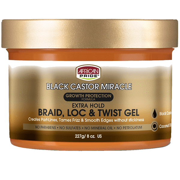 African Pride Black Castor Miracle Extra Hold Braid, Loc & Twist Gel 8 OZ | Black Hairspray