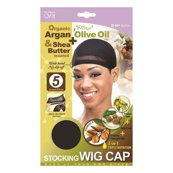 M&M Headgear Qfitt Wig Cap w/  Shea Butter & Olive Oil 5 pc, Black
