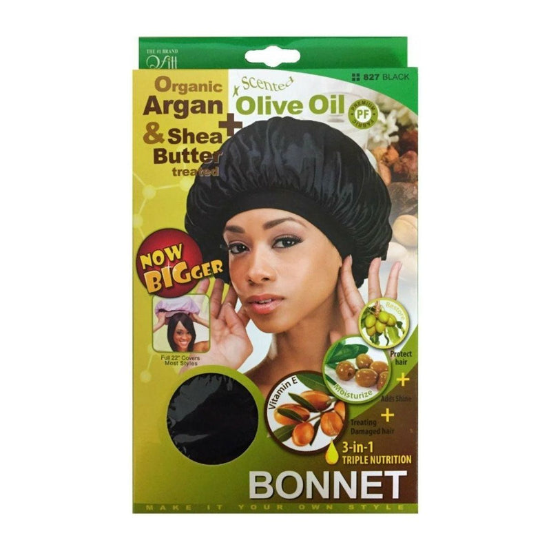 M&M Headgear Qfitt Bonnet Argan, Olive Oil & Shea Butter Treated, Black